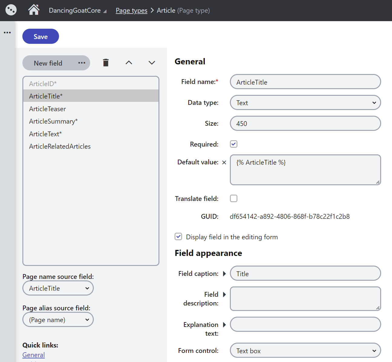 Page Type application showing the fields of the Article Page Type