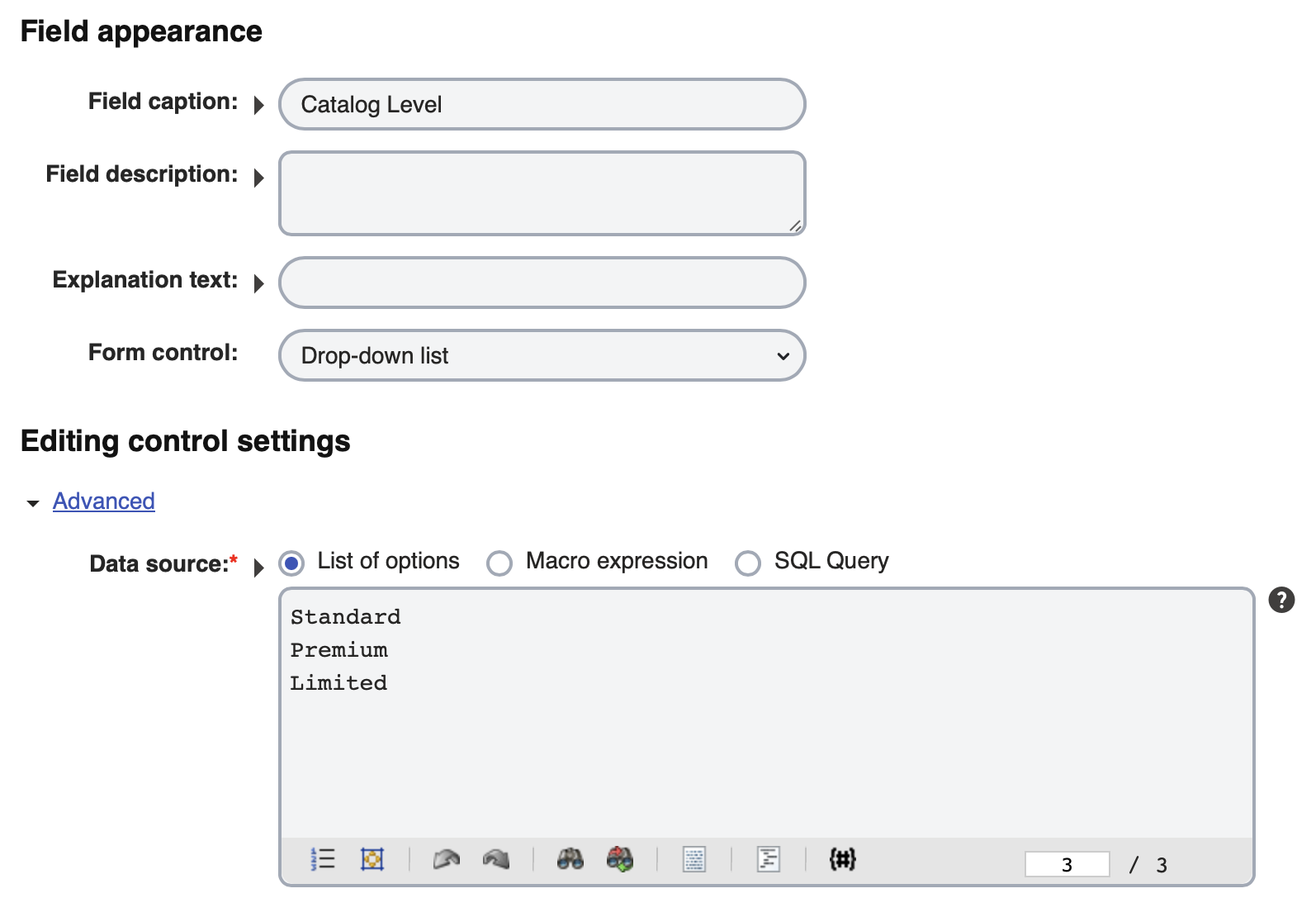 Page Type field using a Drop-down list
