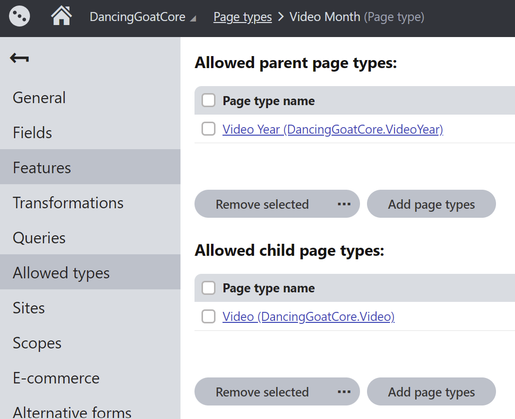 Video Month allowed page types settings