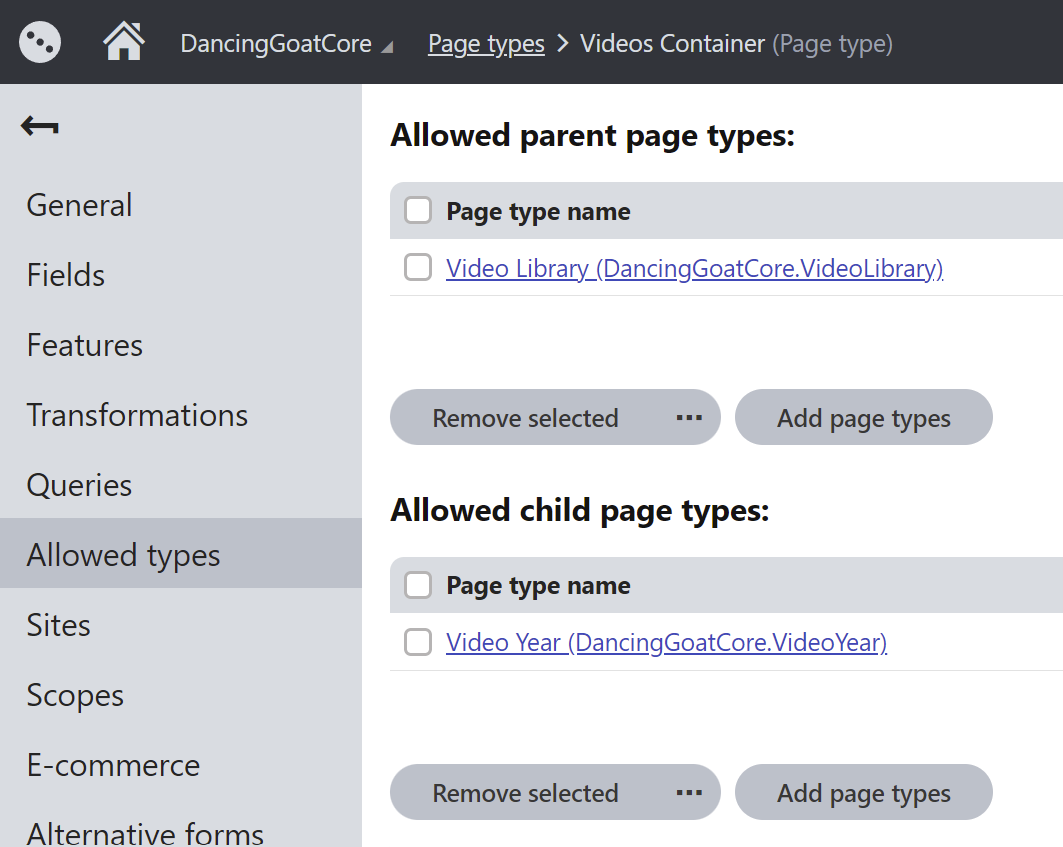Video Container allowed page types settings