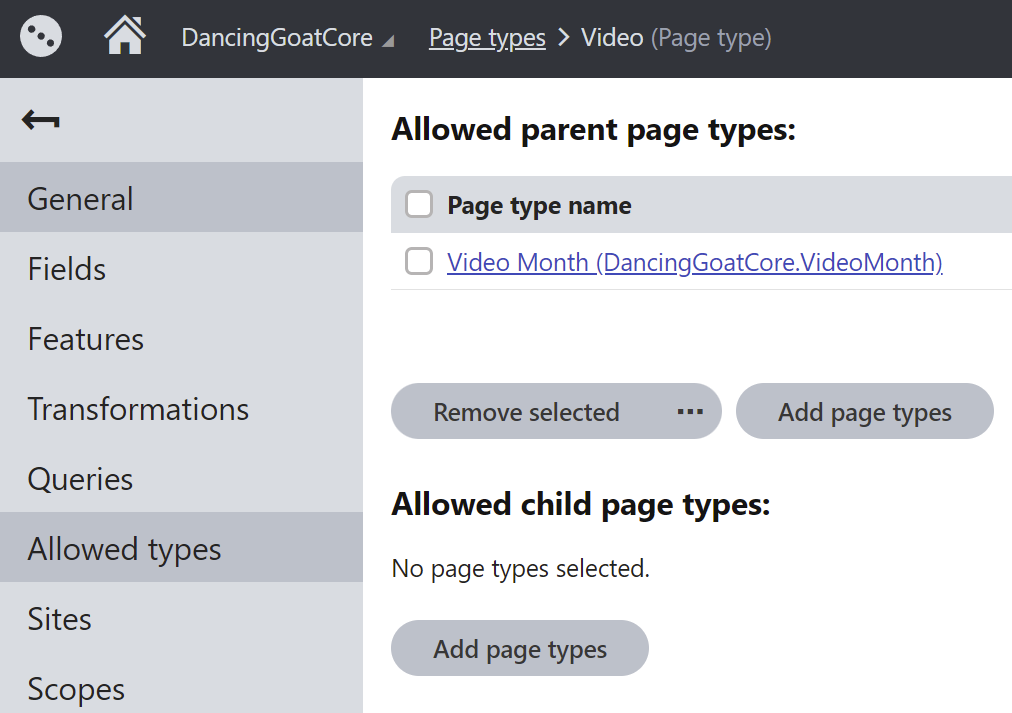 Video allowed page types settings