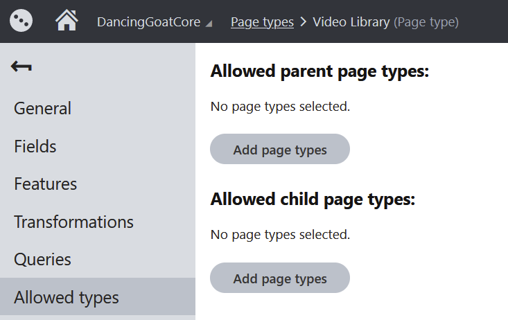 Video Library Page Type - Allowed Page Types configuration