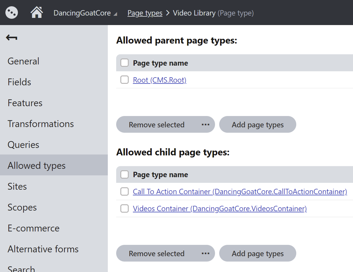 Video Library allowed page types settings