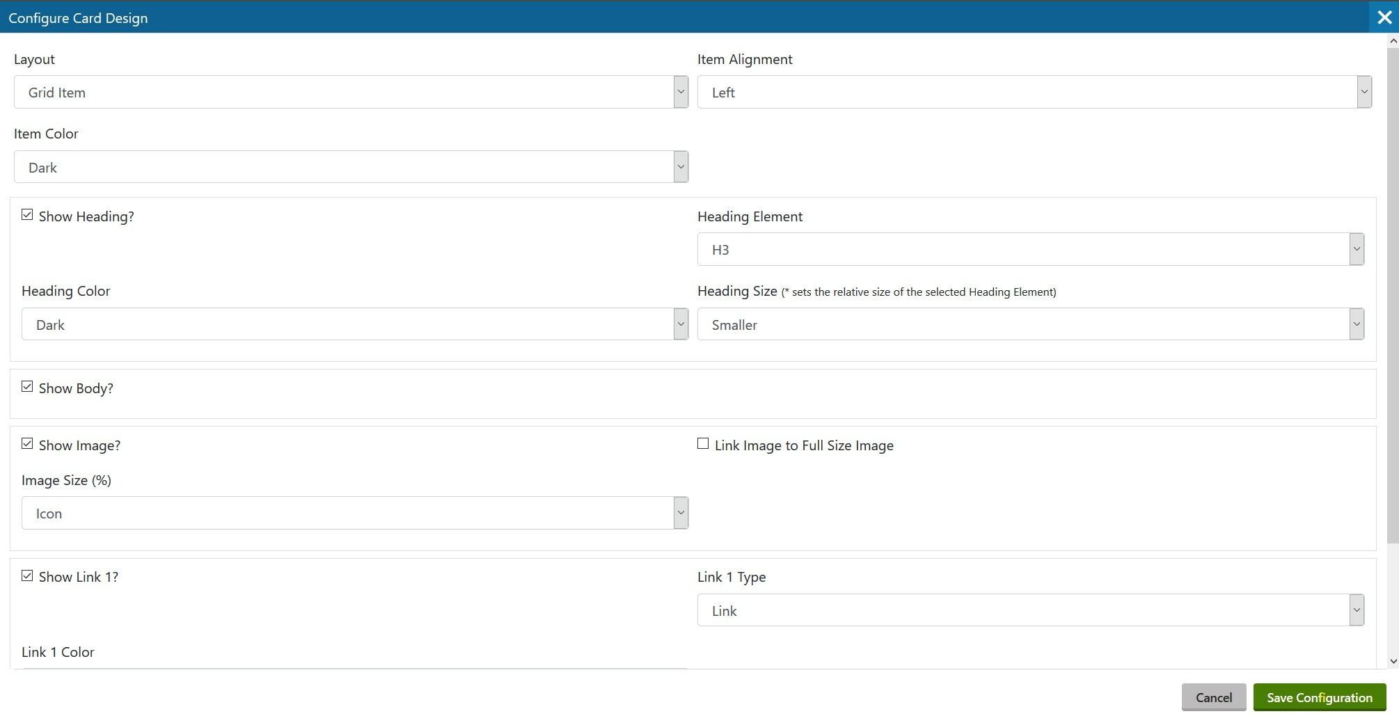 Complex Modal Dialog form for Widget Properties