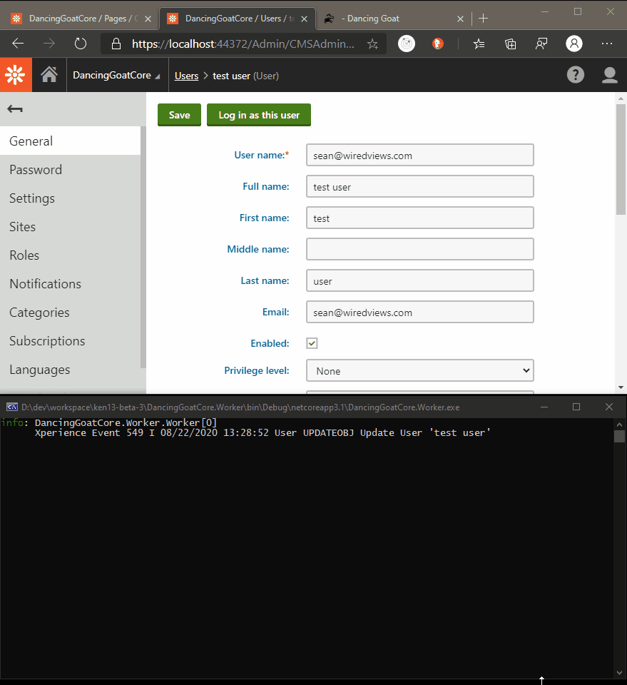 Interactions with Xperience administration UI and live site and logs appearing in the console window