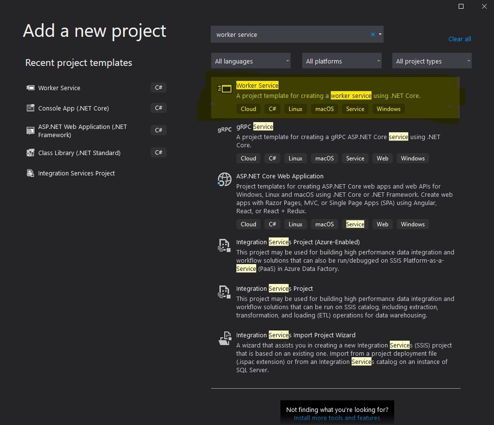Visual Studio new project dialog