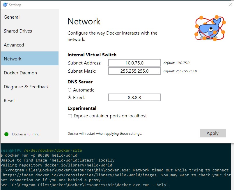 Docker for Windows manual DNS